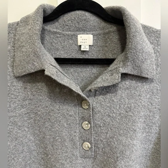 A New Day Polo Knit Top Sweater Gray Short Puff Sleeve Soft Target Academia L - Picture 5 of 8